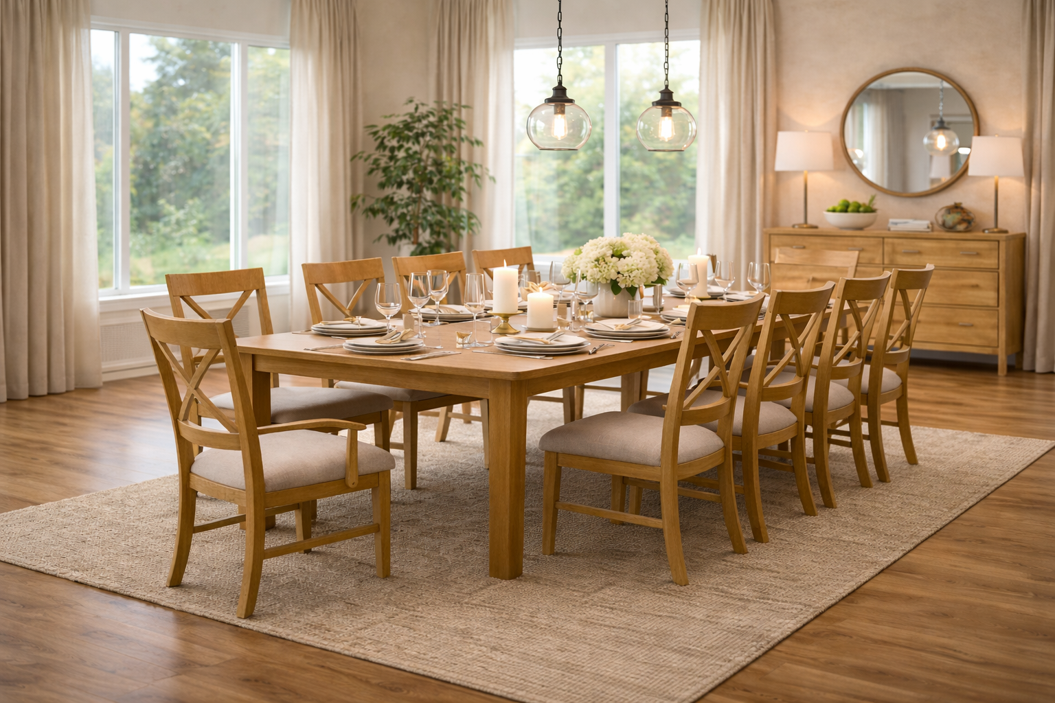 Dining table with six chairs in a bright modern dining room