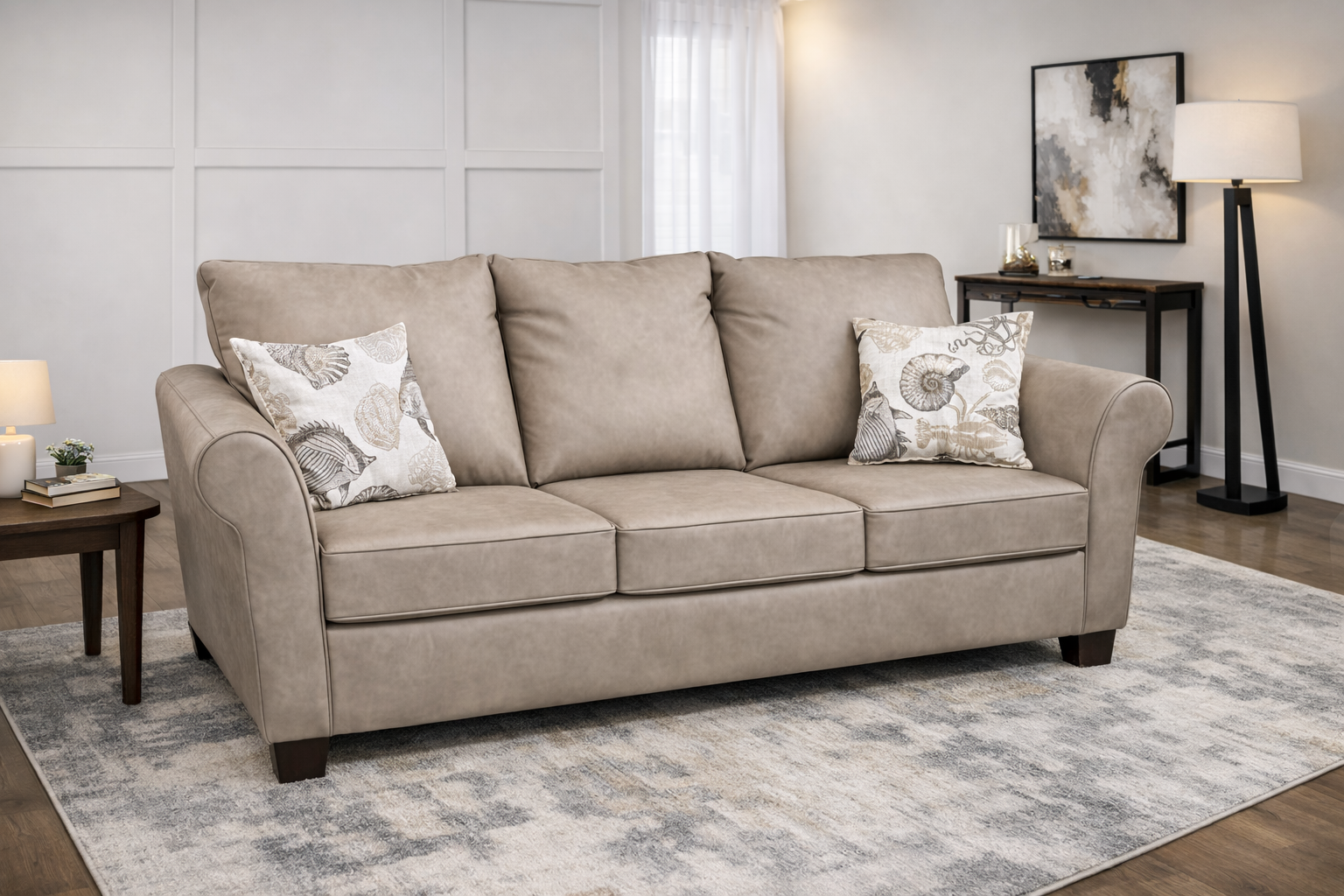 Light brown upholstered sofa with decorative accent pillows