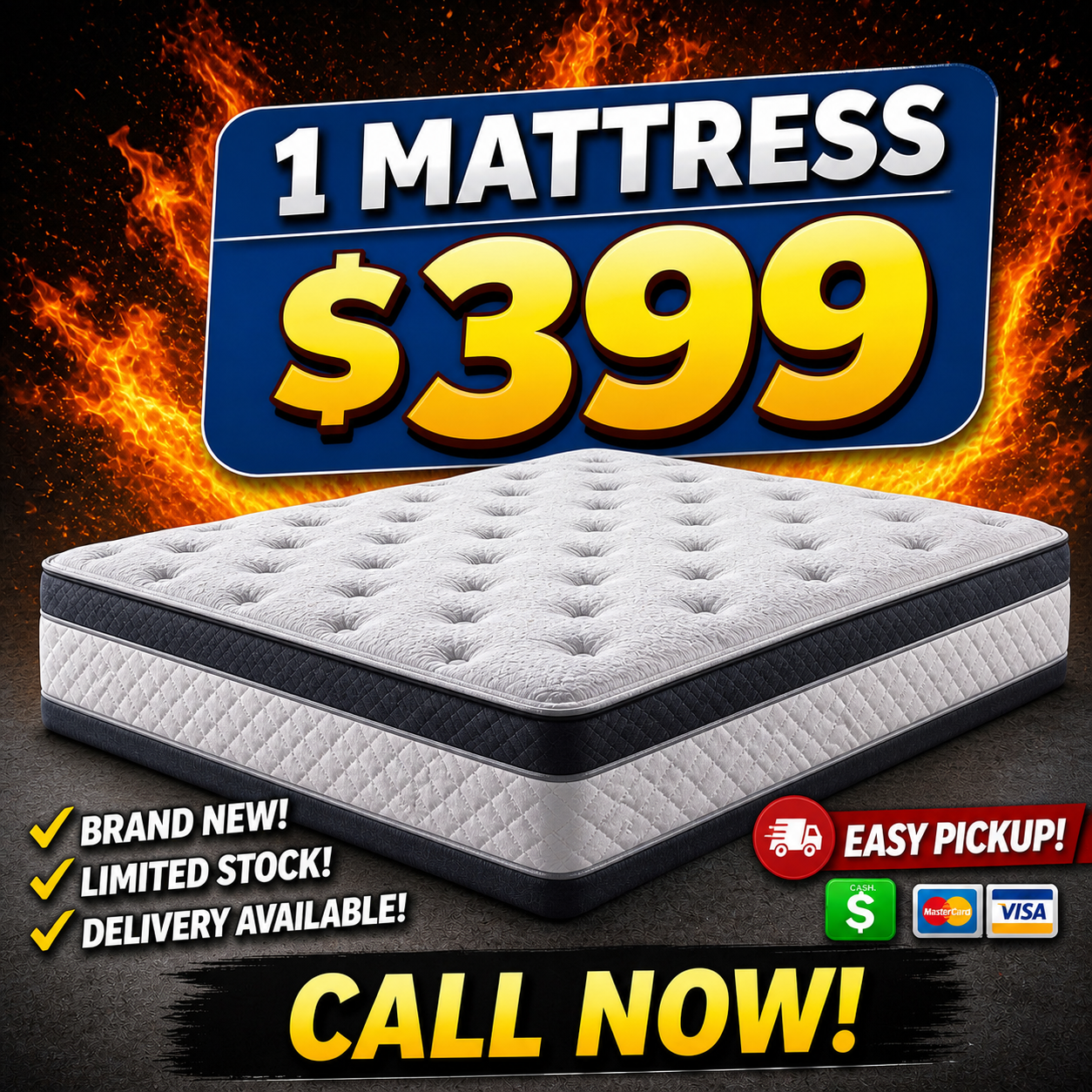 Single mattress special flyer with delivery and pickup options