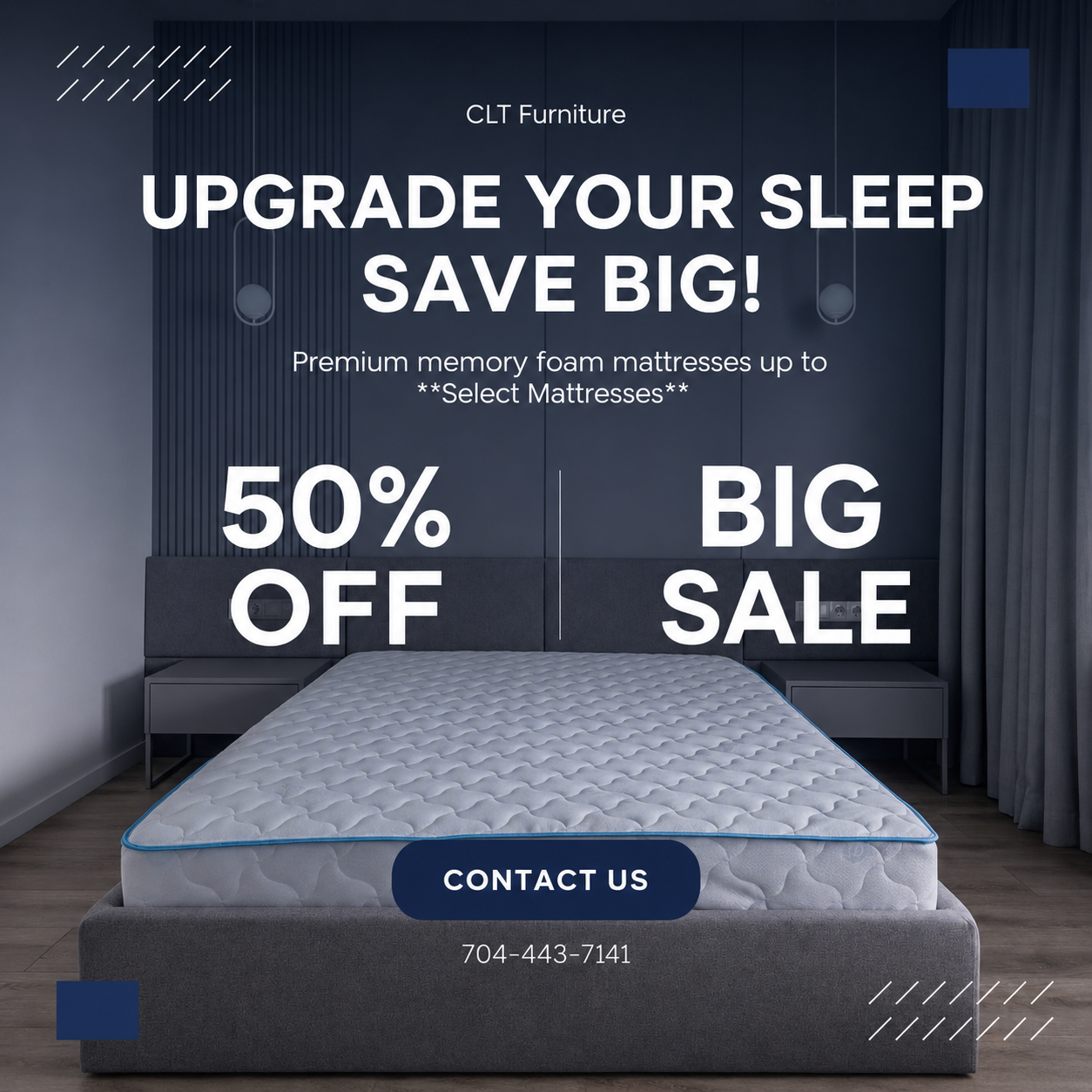 CLT Furniture mattress sale flyer showcasing premium memory foam mattresses up to 50 percent off
