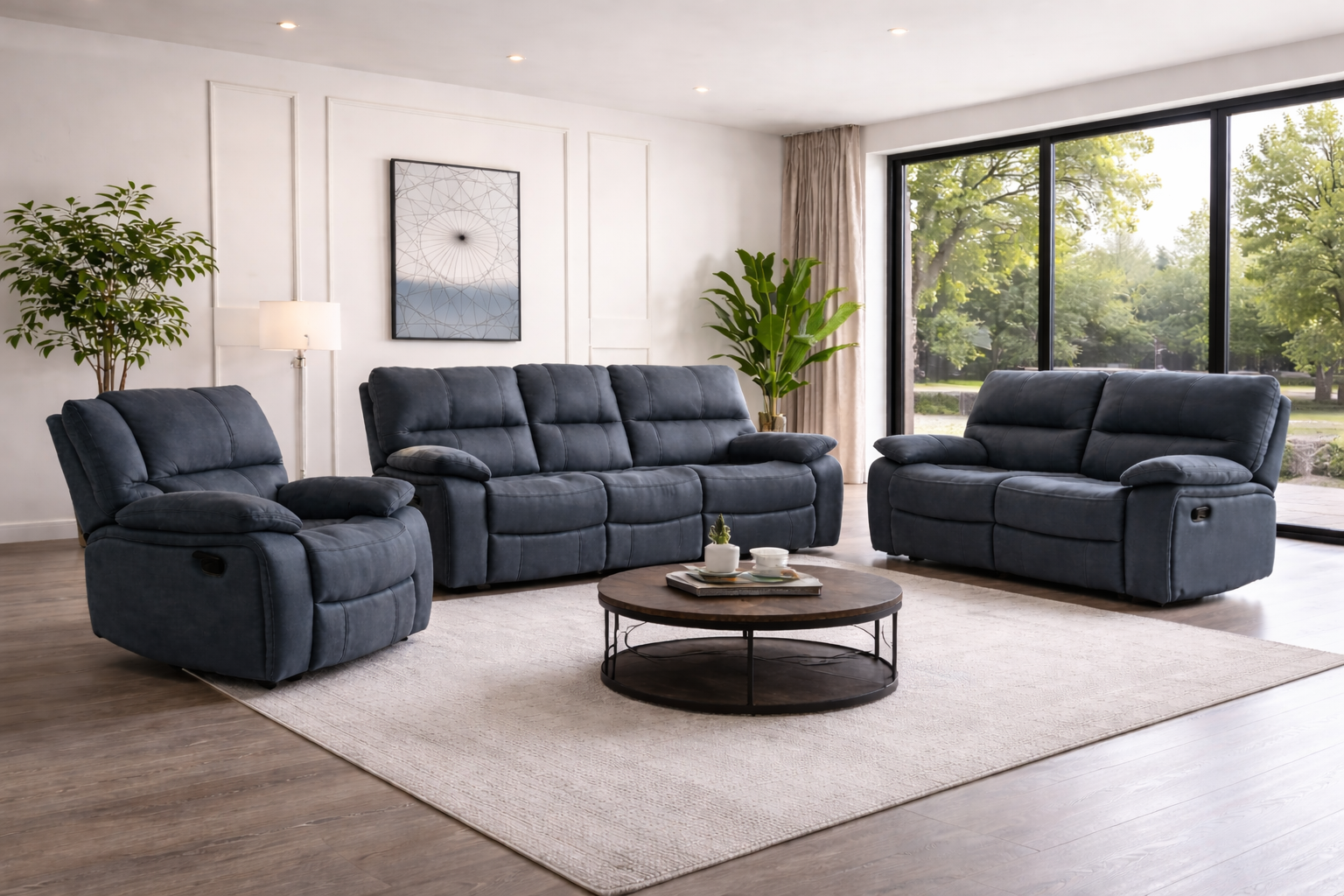 Modern fabric reclining sofa set with loveseat and recliner chair in contemporary living room