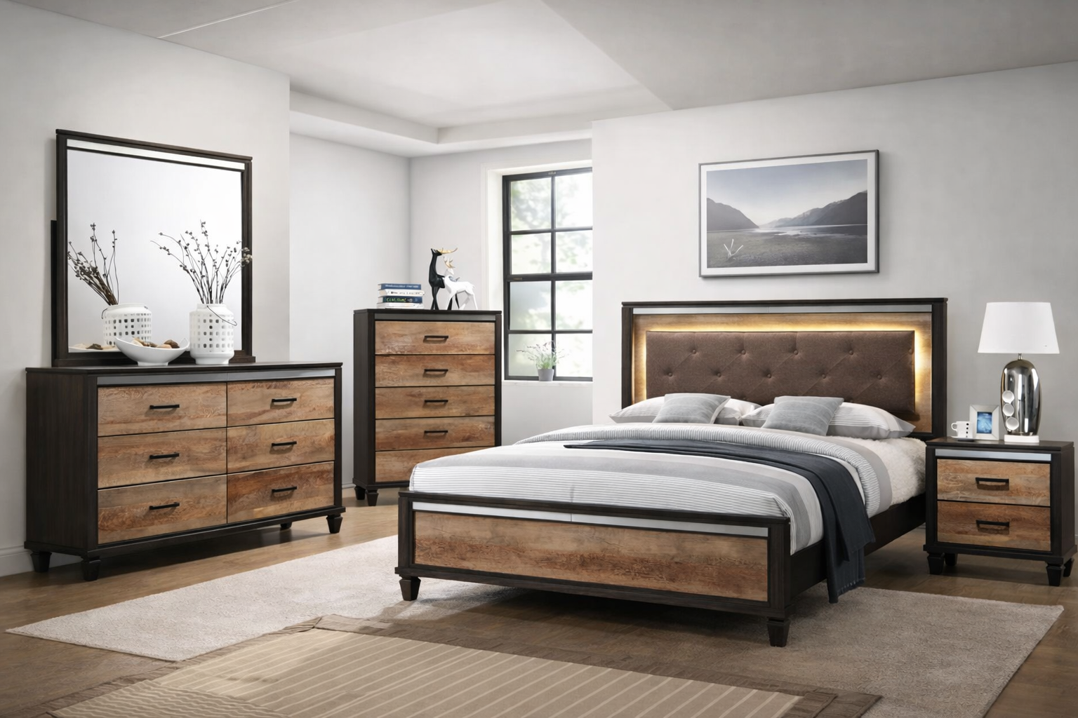 Modern rustic bedroom set with upholstered LED headboard and matching dresser, chest, and nightstand