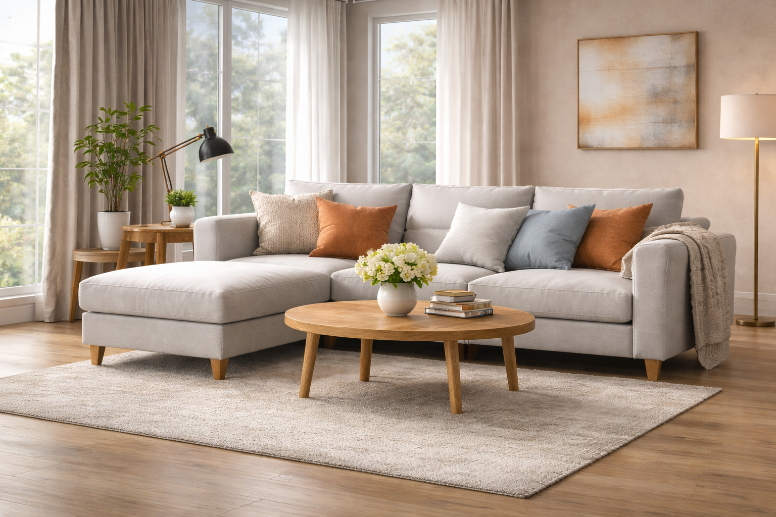 Modern sectional sofa in a bright living room