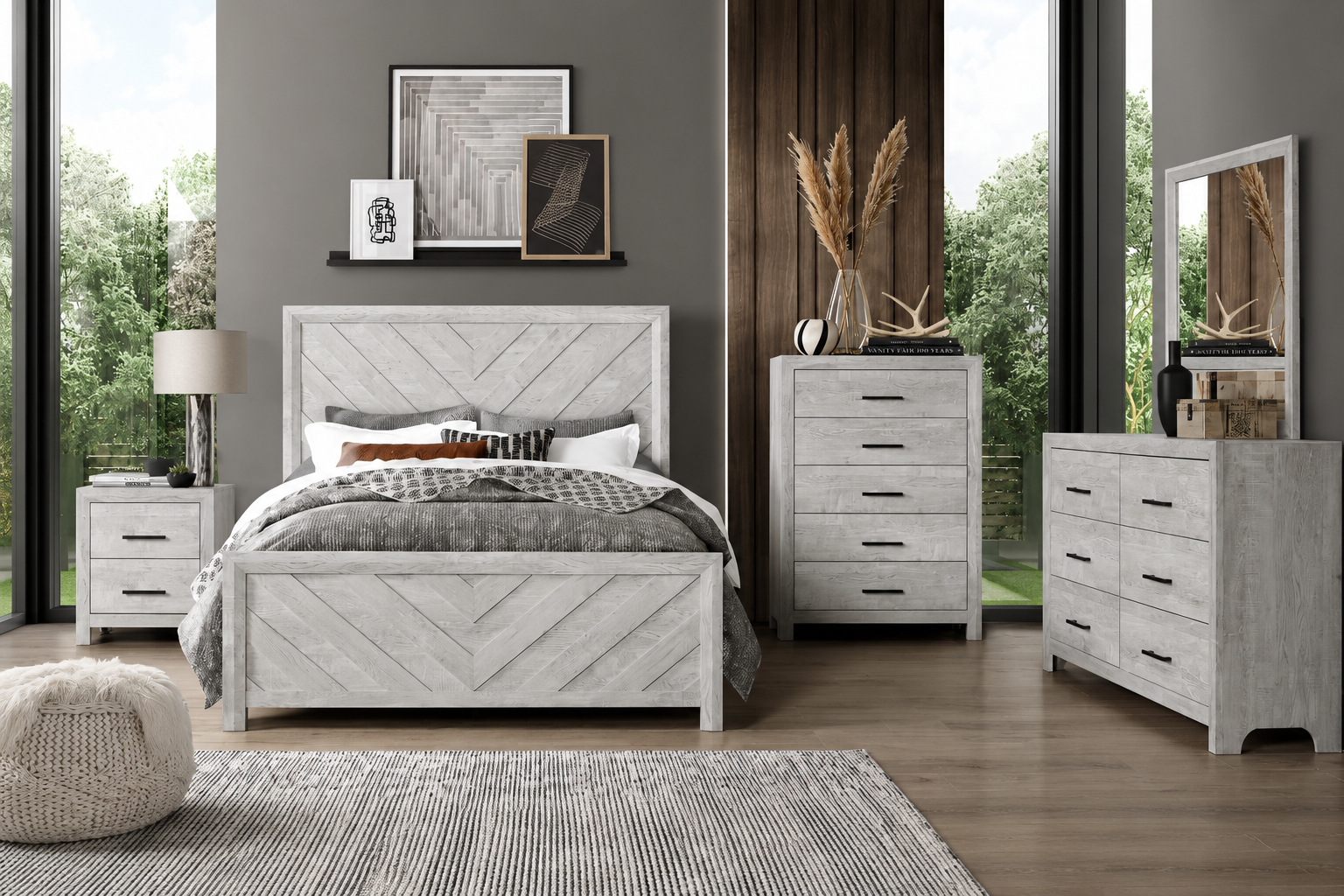 Aspen gray bedroom set with upholstered bed and matching nightstands