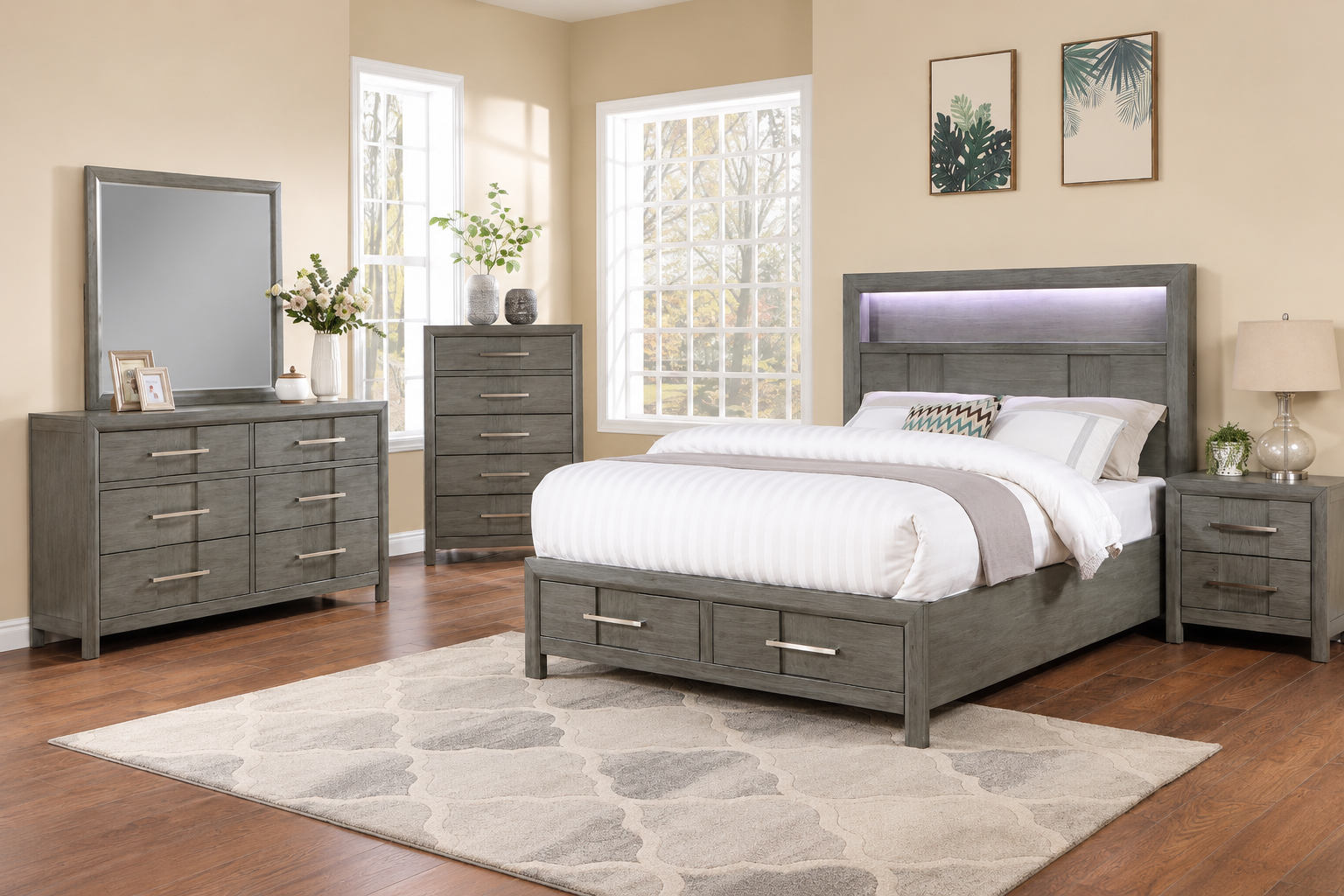 Queen bedroom set with upholstered bed and matching nightstands