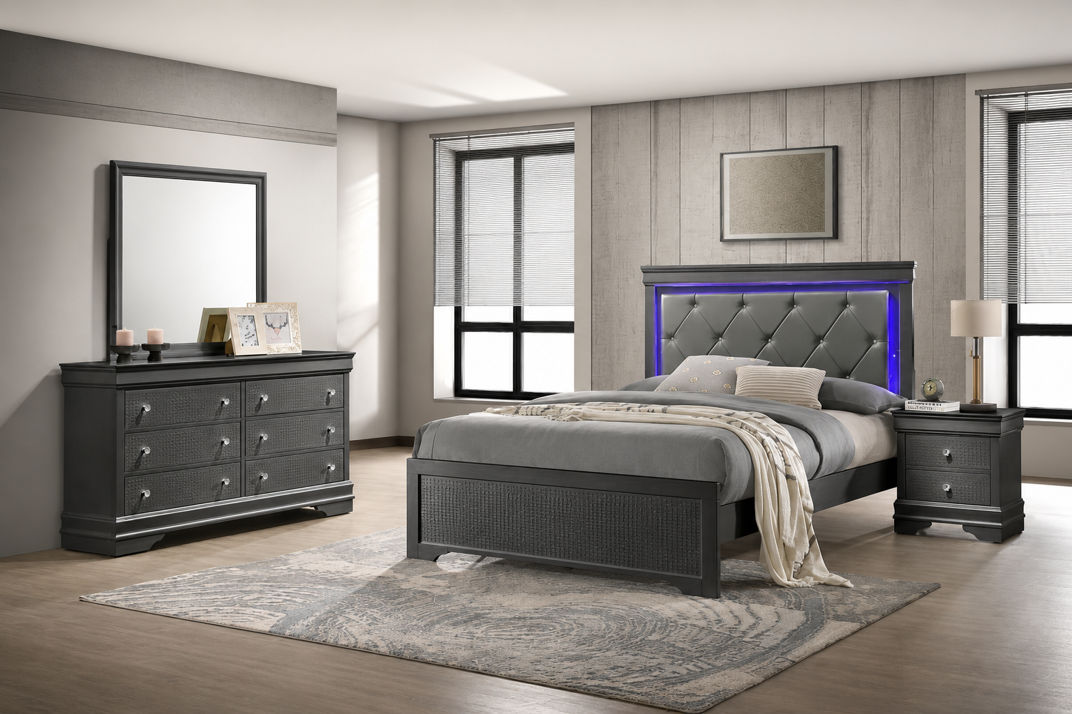 Midnight gray bedroom set with spacious layout and matching nightstands