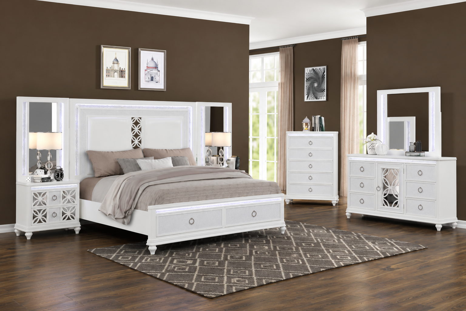 Royal Pearl bedroom set with illuminated mirror and luxury LED accents