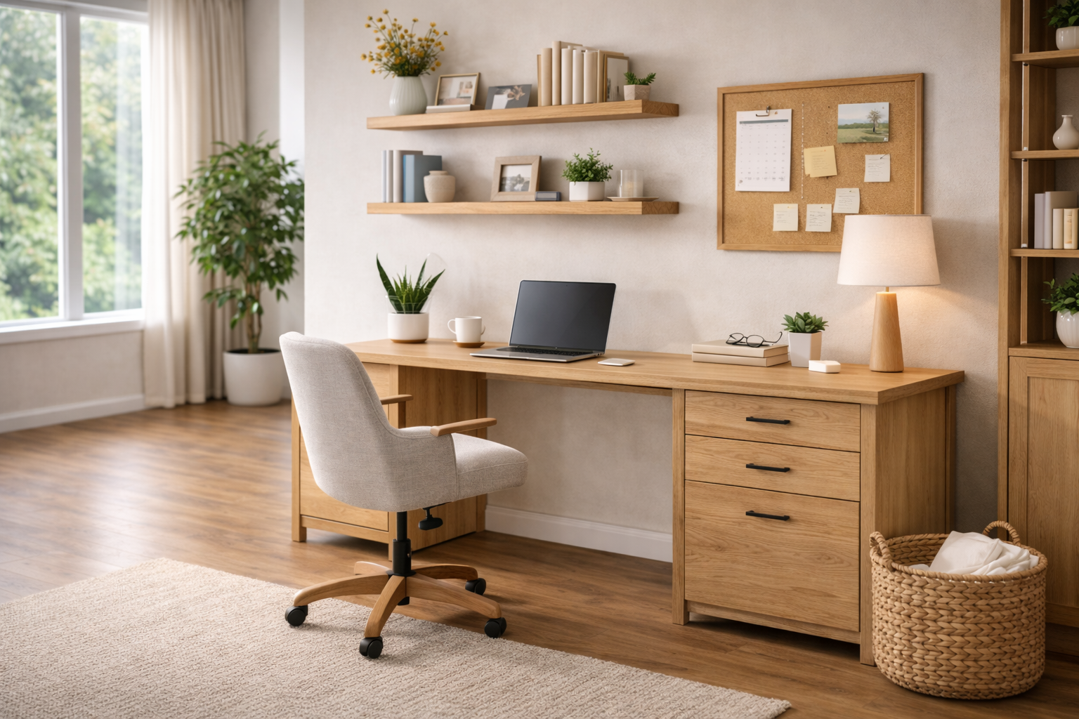 Modern office desk with built-in drawers