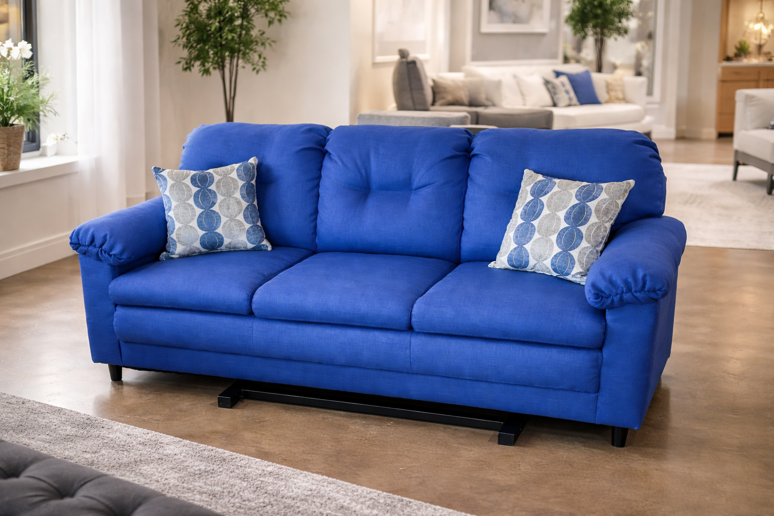 Blue fabric accent sofa two pillows